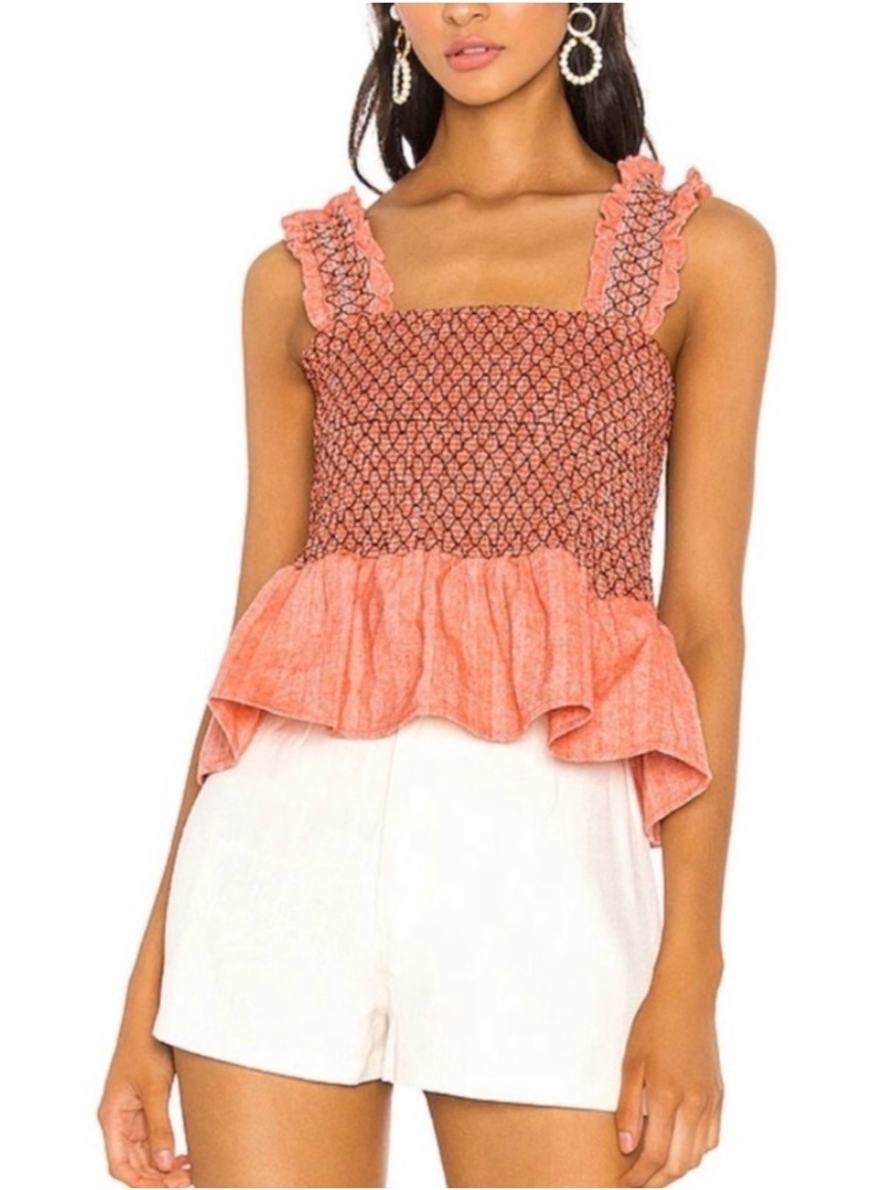 Line And Dot Zoe Smocked Linen Blend Ruched Peplum Tank Top
